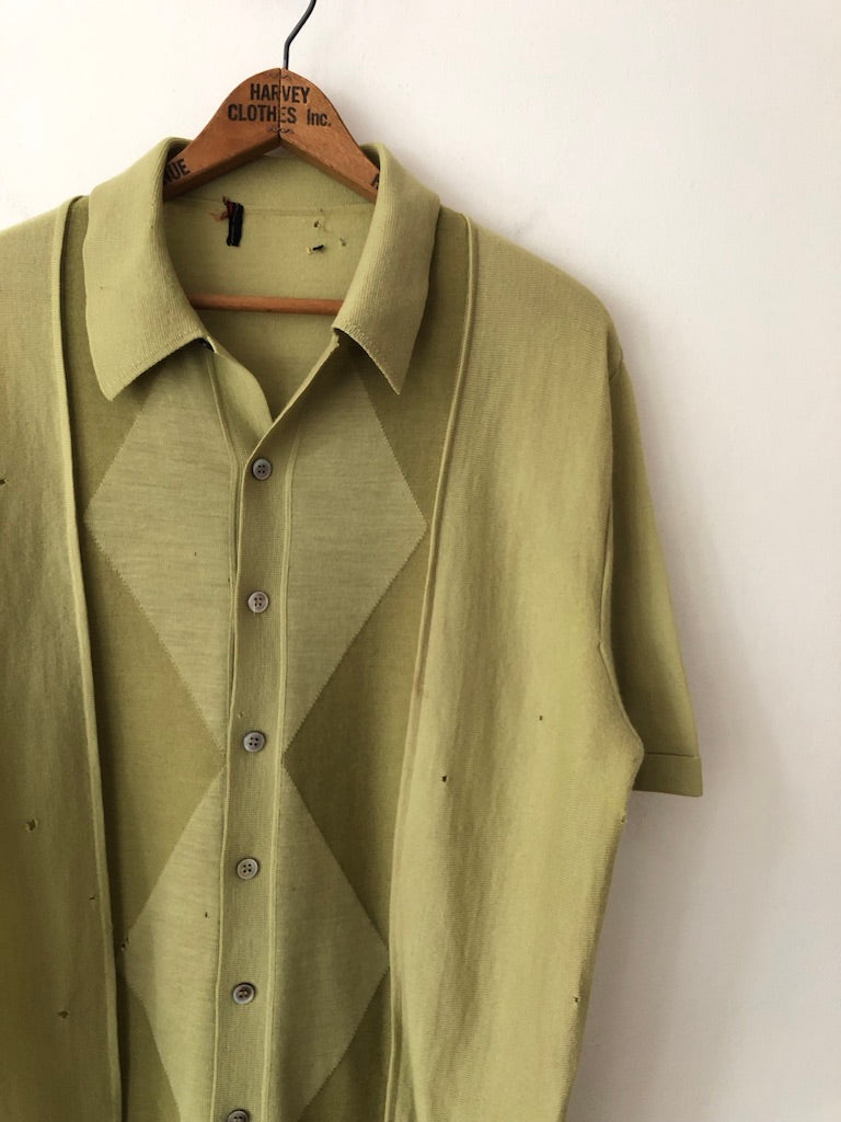 70's Wool Geometric Distressed Button Up Polo