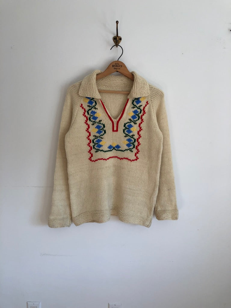 70's Floral Wool V-Neck Tunic Sweater
