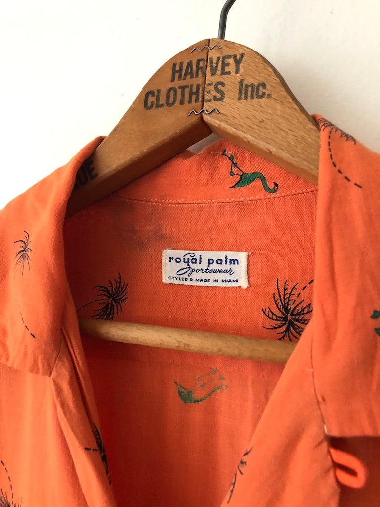 50's Royal Palm Sportswear Linen Novelty Print Button Up Shirt