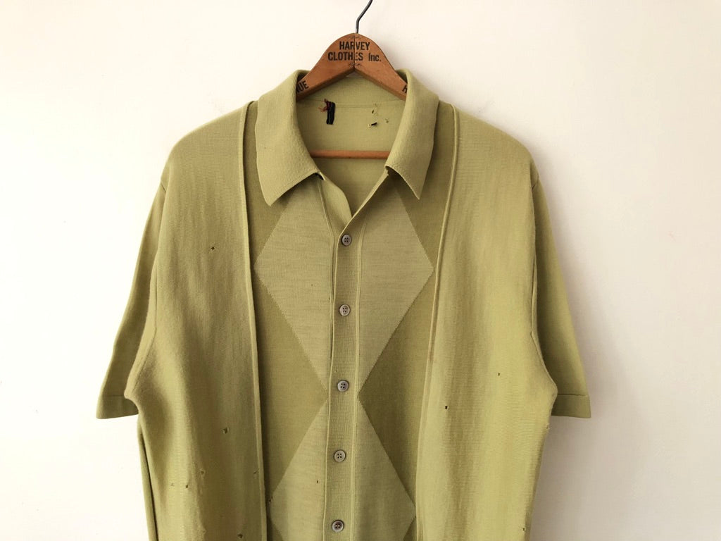 70's Wool Geometric Distressed Button Up Polo