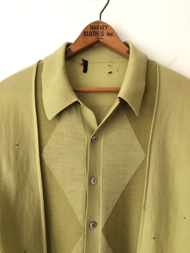 70's Wool Geometric Distressed Button Up Polo