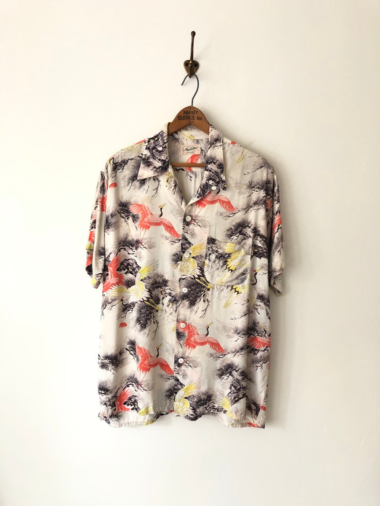 50's Manhattan Crane Print Rayon Hawaiian Shirt