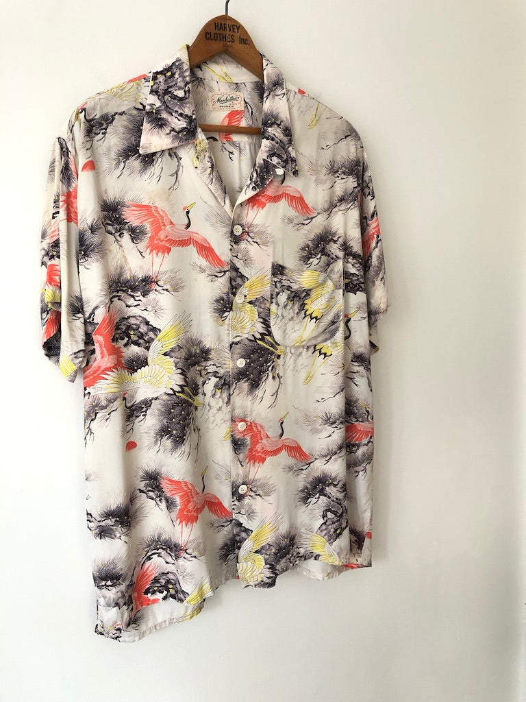 50's Manhattan Crane Print Rayon Hawaiian Shirt