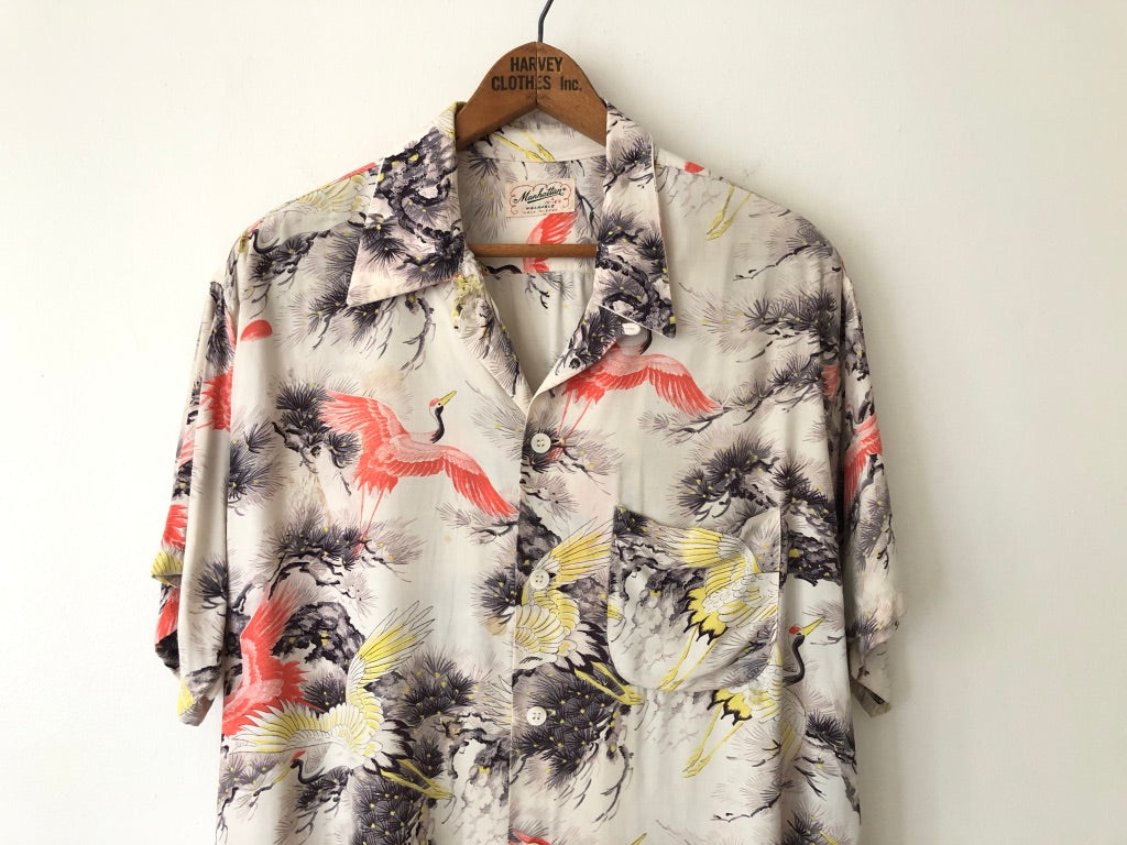 50's Manhattan Crane Print Rayon Hawaiian Shirt