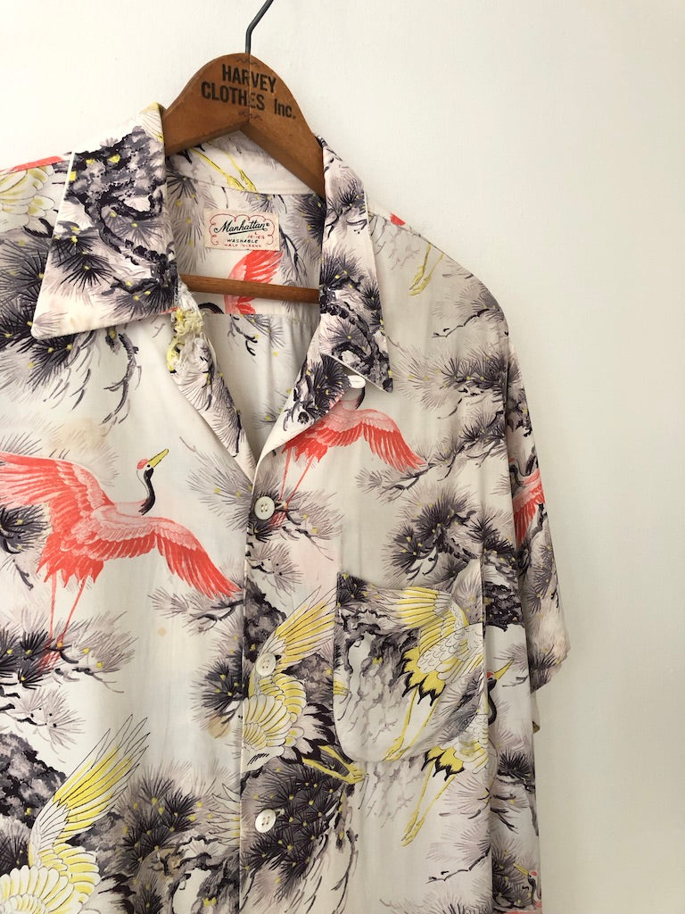 50's Manhattan Crane Print Rayon Hawaiian Shirt
