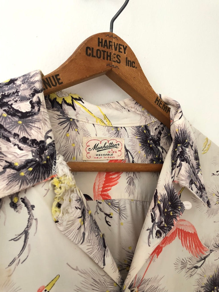50's Manhattan Crane Print Rayon Hawaiian Shirt