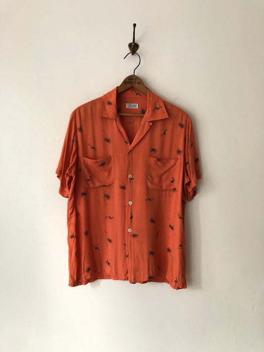 50's Royal Palm Sportswear Linen Novelty Print Button Up Shirt